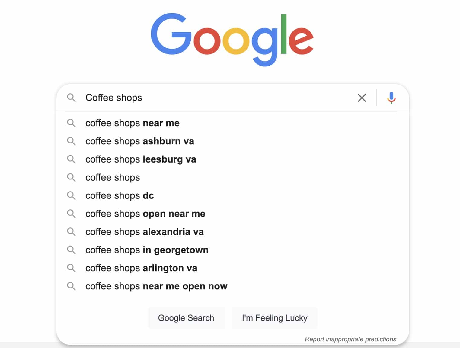 google search for coffee shops