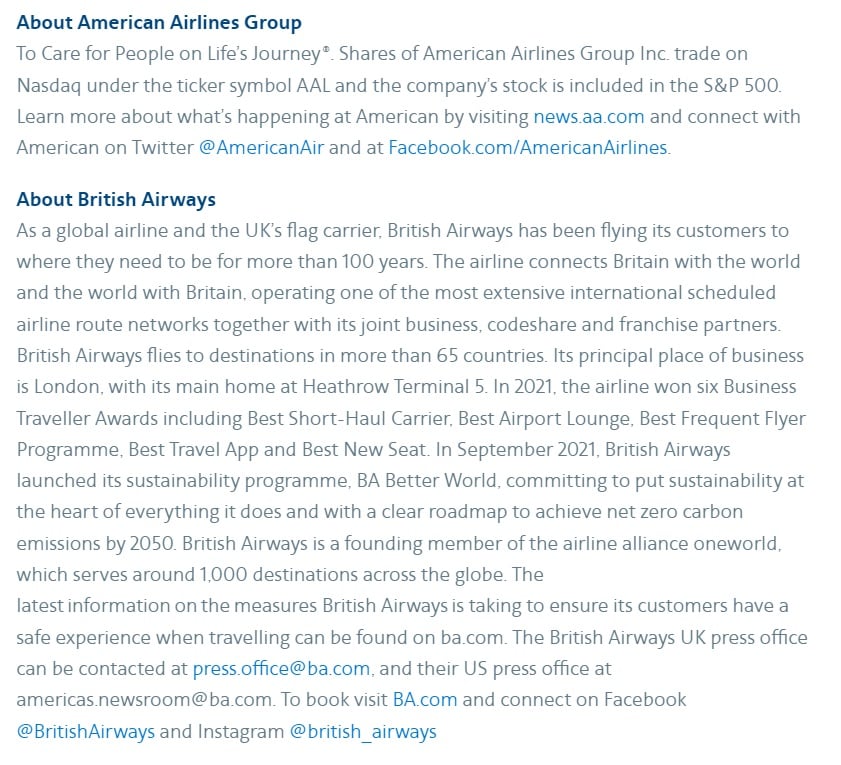 American Airlines Pr Boilerplate