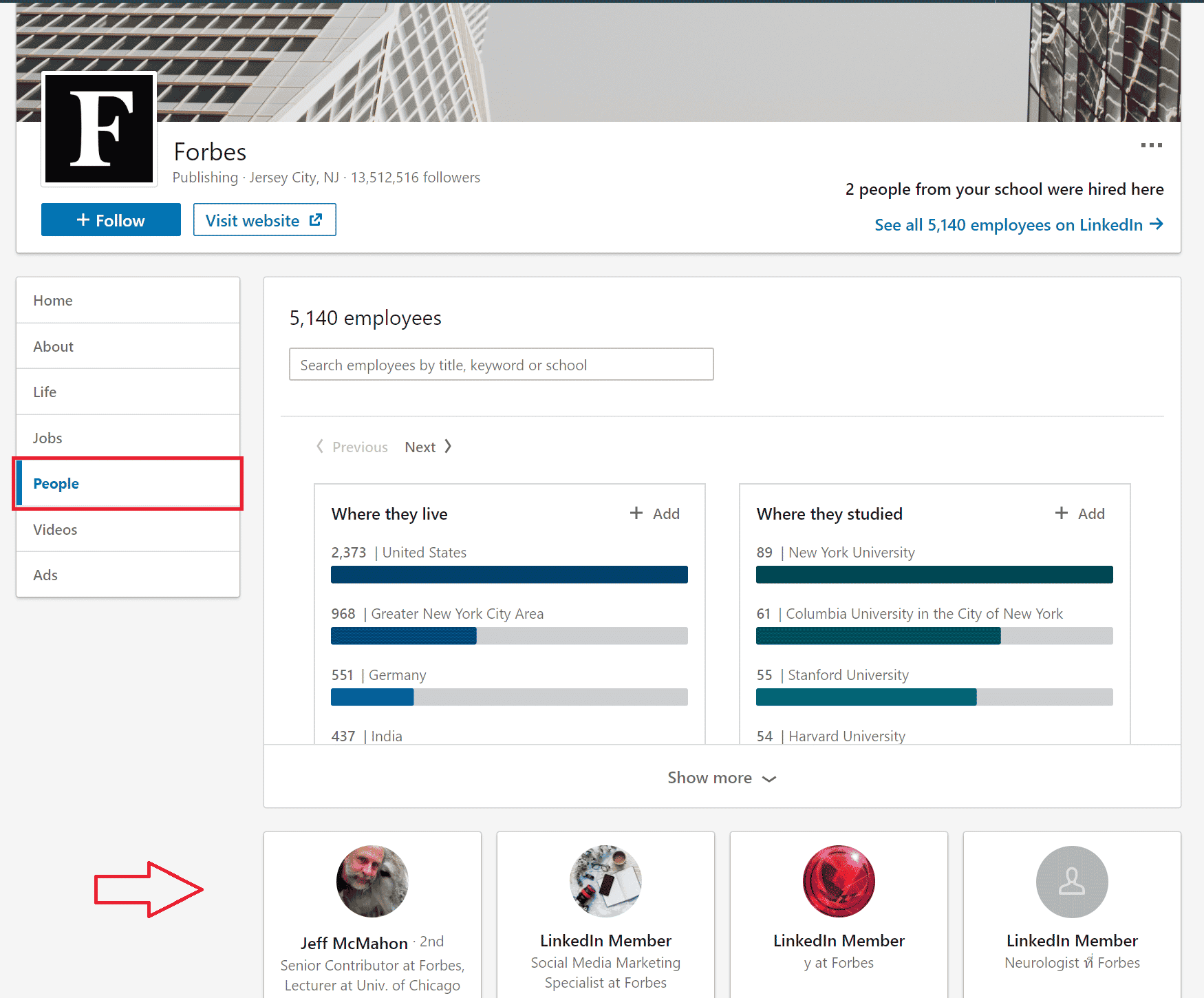 Search LinkedIn pages for press release media relationships