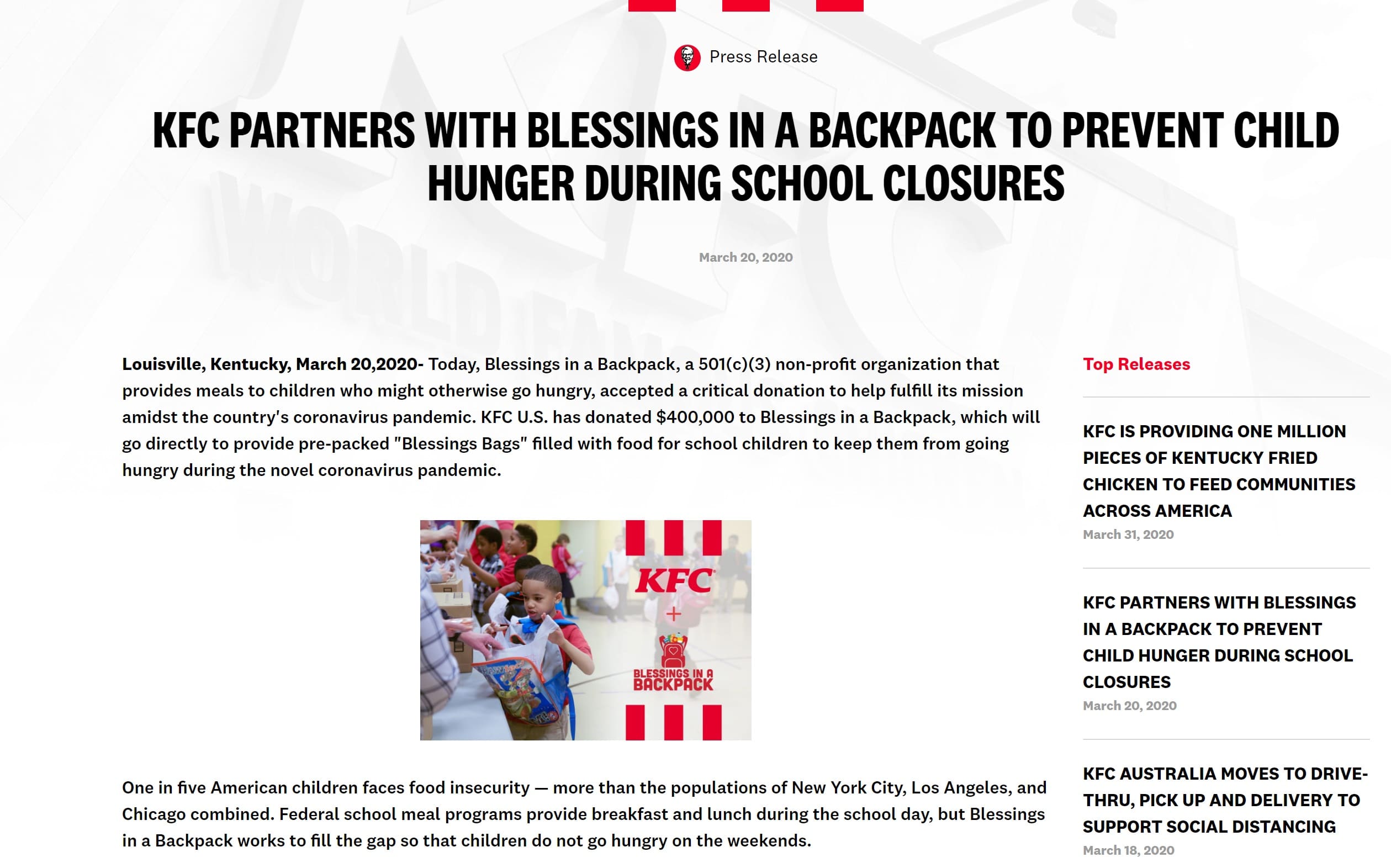 KFC press release during coronavirus