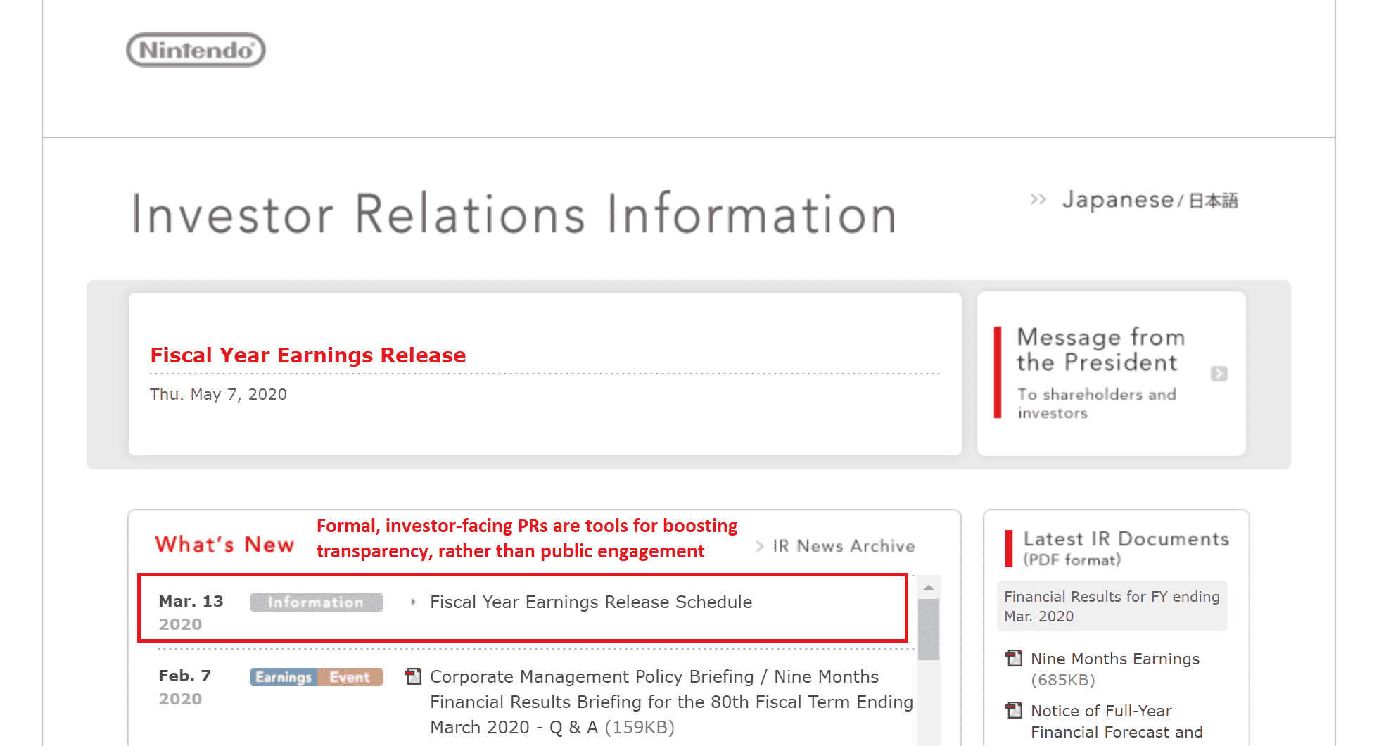 Nintendo press releases for investors