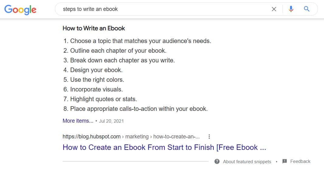content headings pulled for featured snippet in google