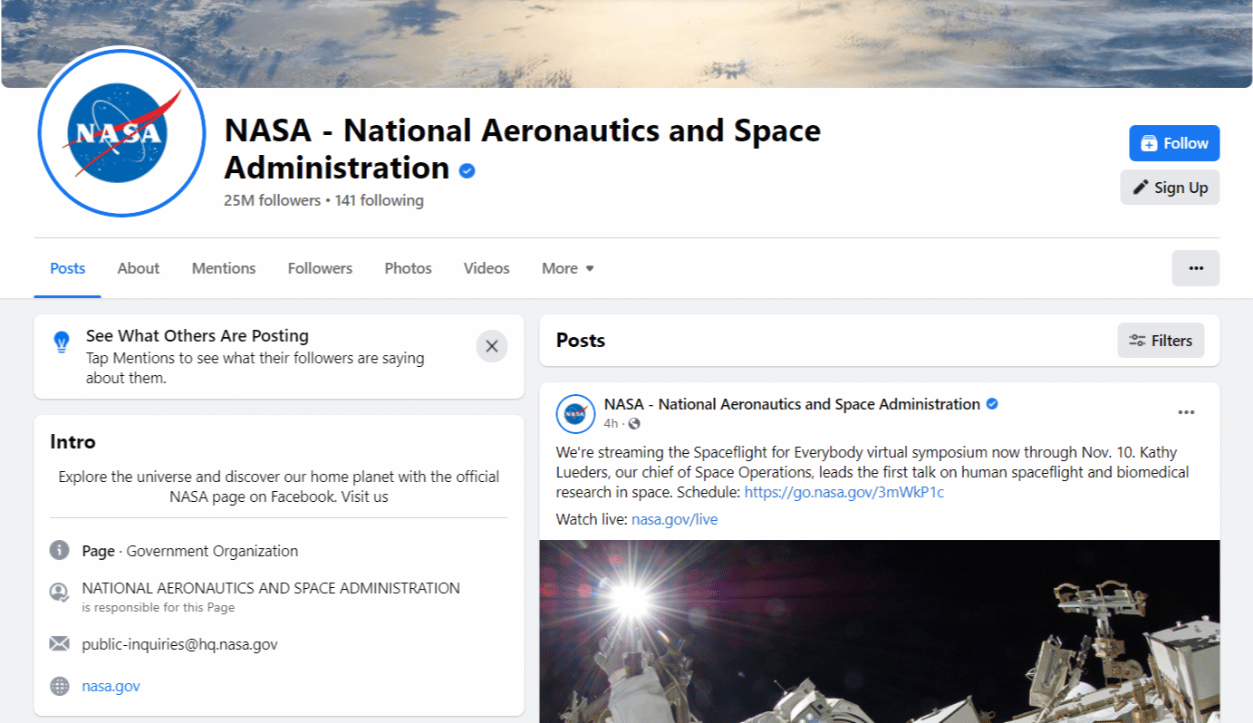 NASA facebook account
