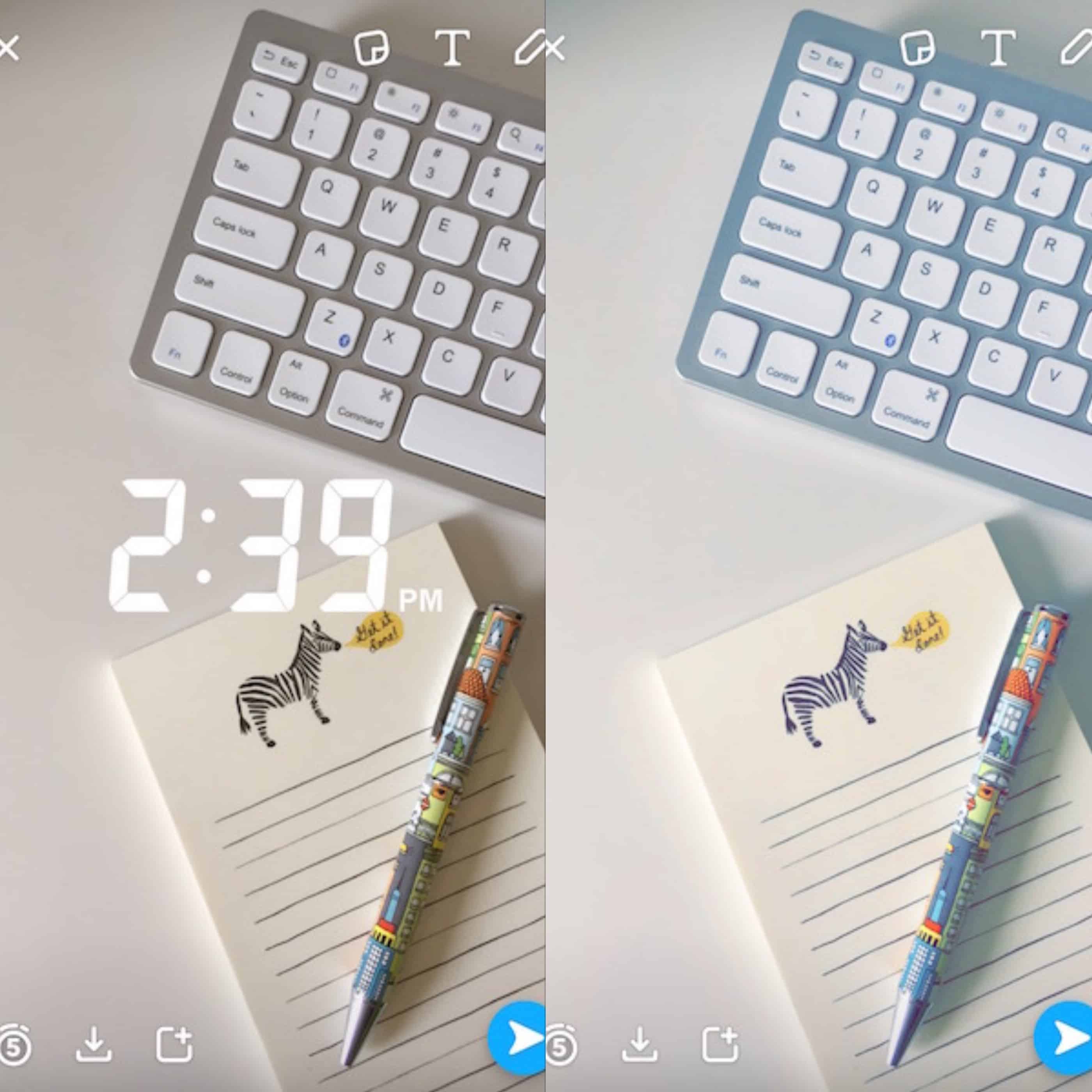 Timestamp filter and color filter used on a photo in Snapchat.
