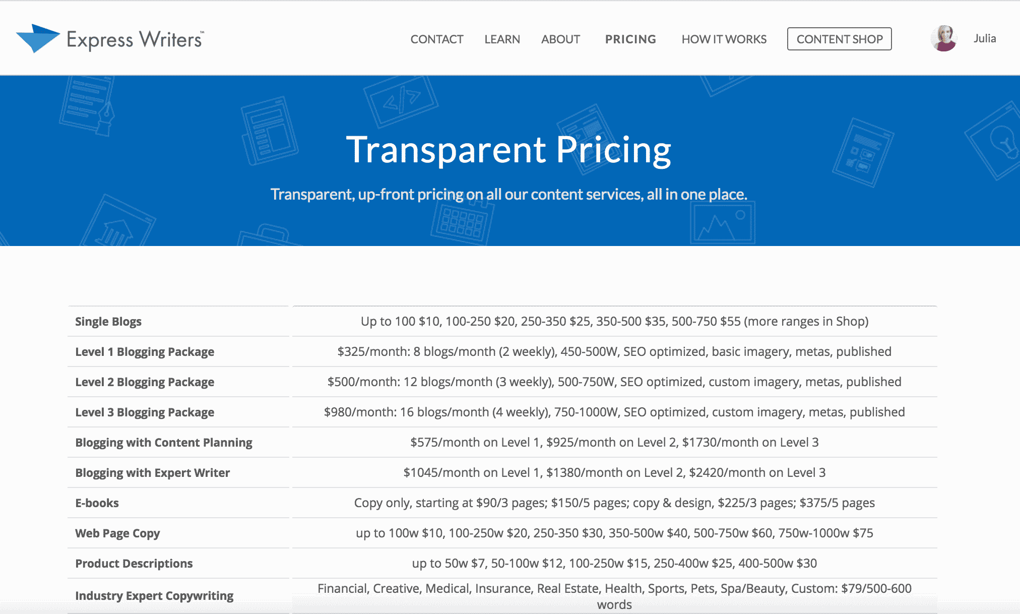 pricing page ew