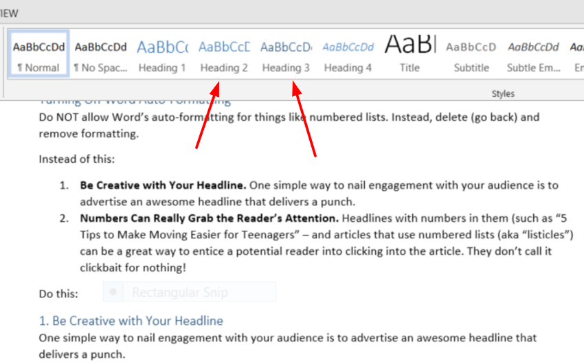 MS Word's Quick Style Gallery makes it easy to format H2 and H3 subheadings.