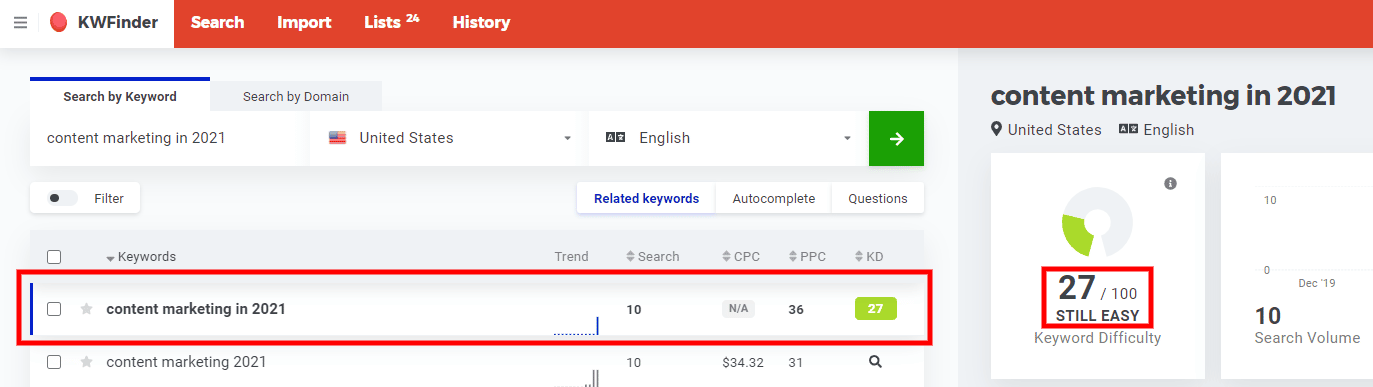 possible keyword in KWFinder