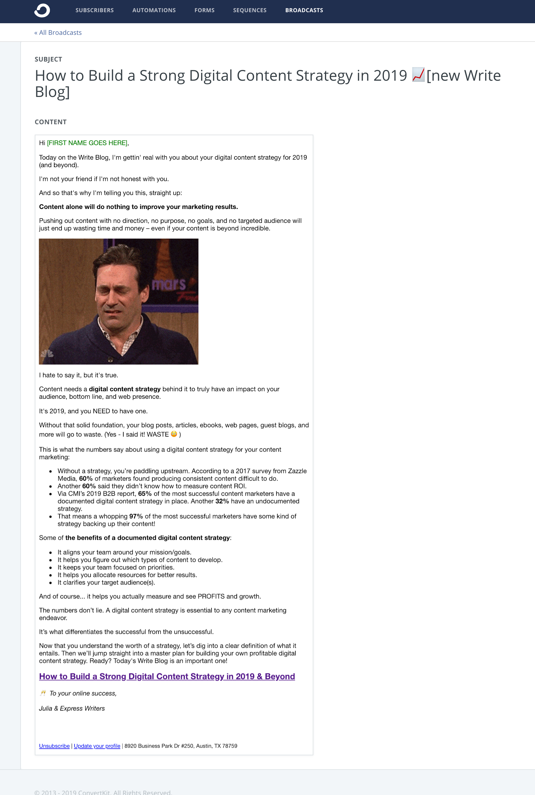single email promoting a blog post
