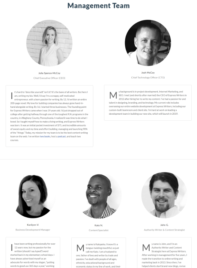storytelling team page example