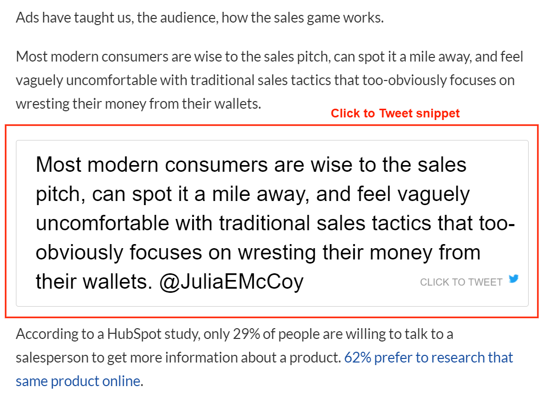 A "click to tweet" snippet inserted in the blog post.