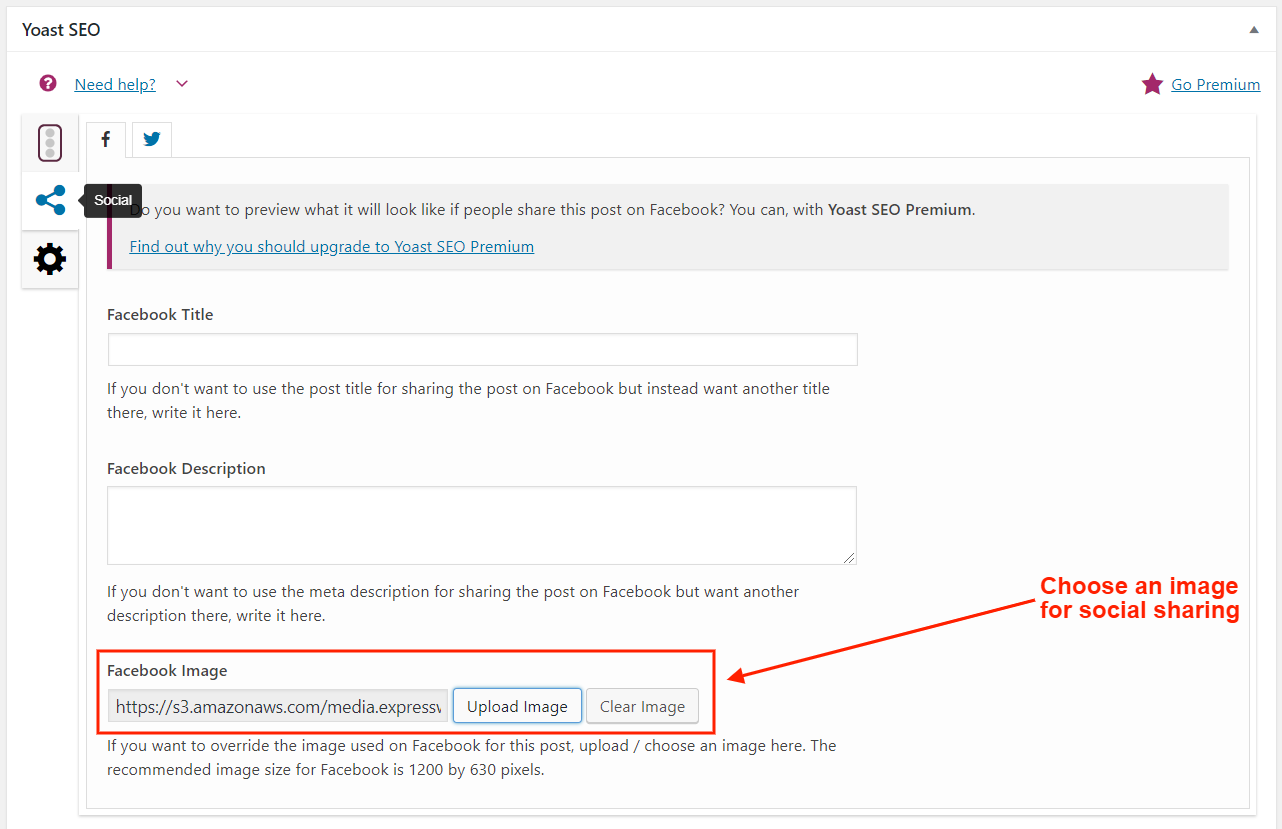 Social sharing upload box in Yoast SEO plugin