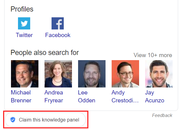 Where you can see the "Claim this Knowledge Panel" button in a Google search results page.