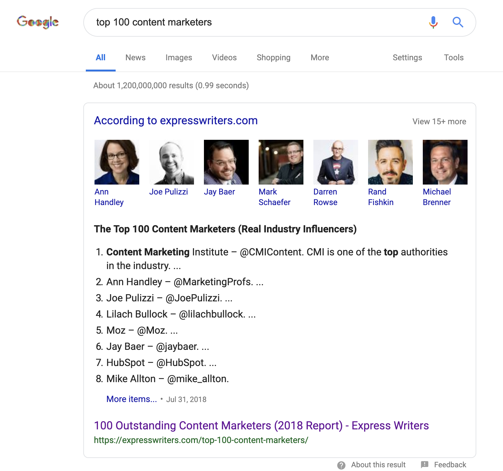 A featured snippet from Express Writers for "the 100 top content marketers" typed in the Google search box. 