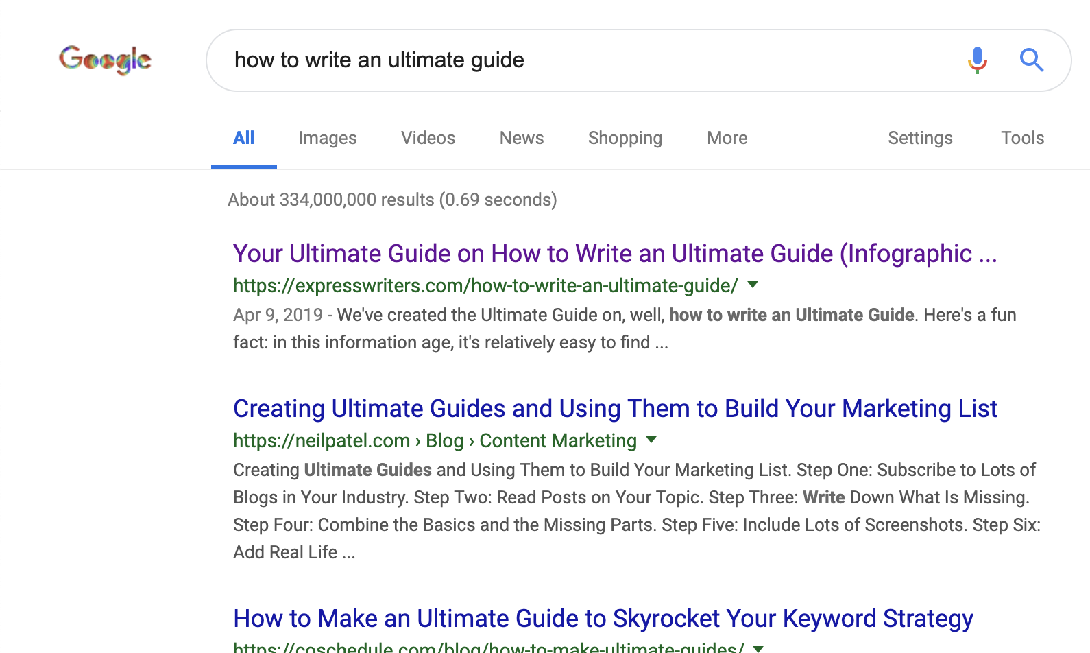 The search results for the keyword "how to write an ultimate guide" with Express Writers taking the top spot.