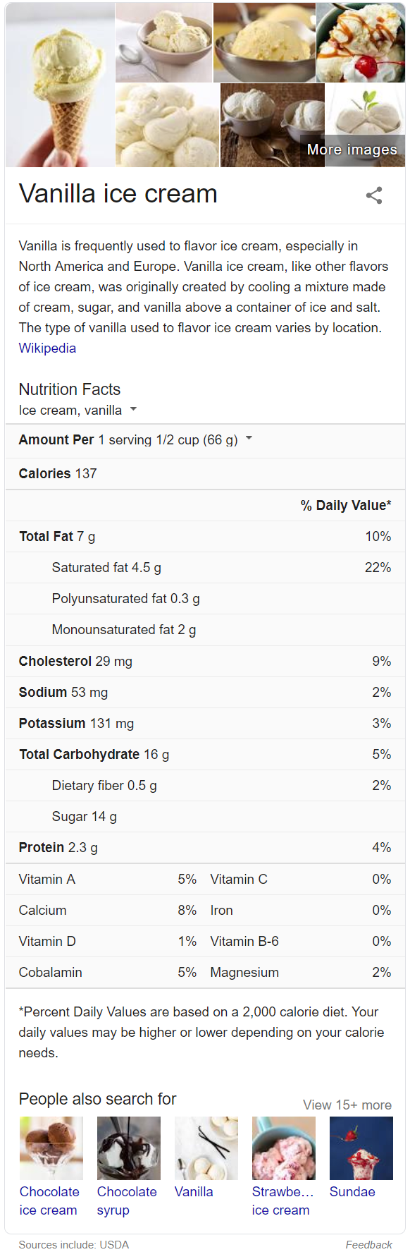 Search results for the "vanilla ice cream" keyword with images, a short text from Wikipedia, and Nutrition Facts. Below the results are the other types of ice cream and ice cream toppings under "People Also Search For"