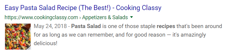 Normal search result in Google for the keyword "pasta salad recipe"