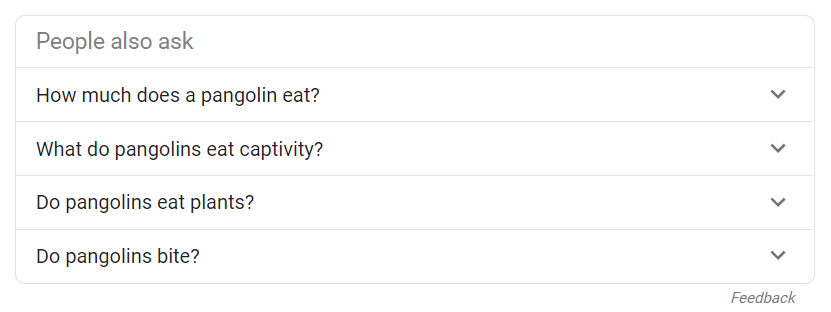 A People Also Ask bow showing the related questions available about pangolins.