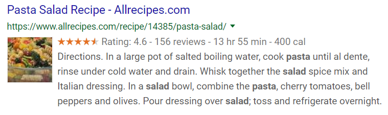 A rich snippet search result in Google for the keyword "pasta salad recipe". It shows ratings, the number of reviews, calories, and cooking time.
