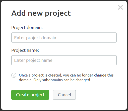 The Add new project" dialog box in SEMrush where you type project name and domain.