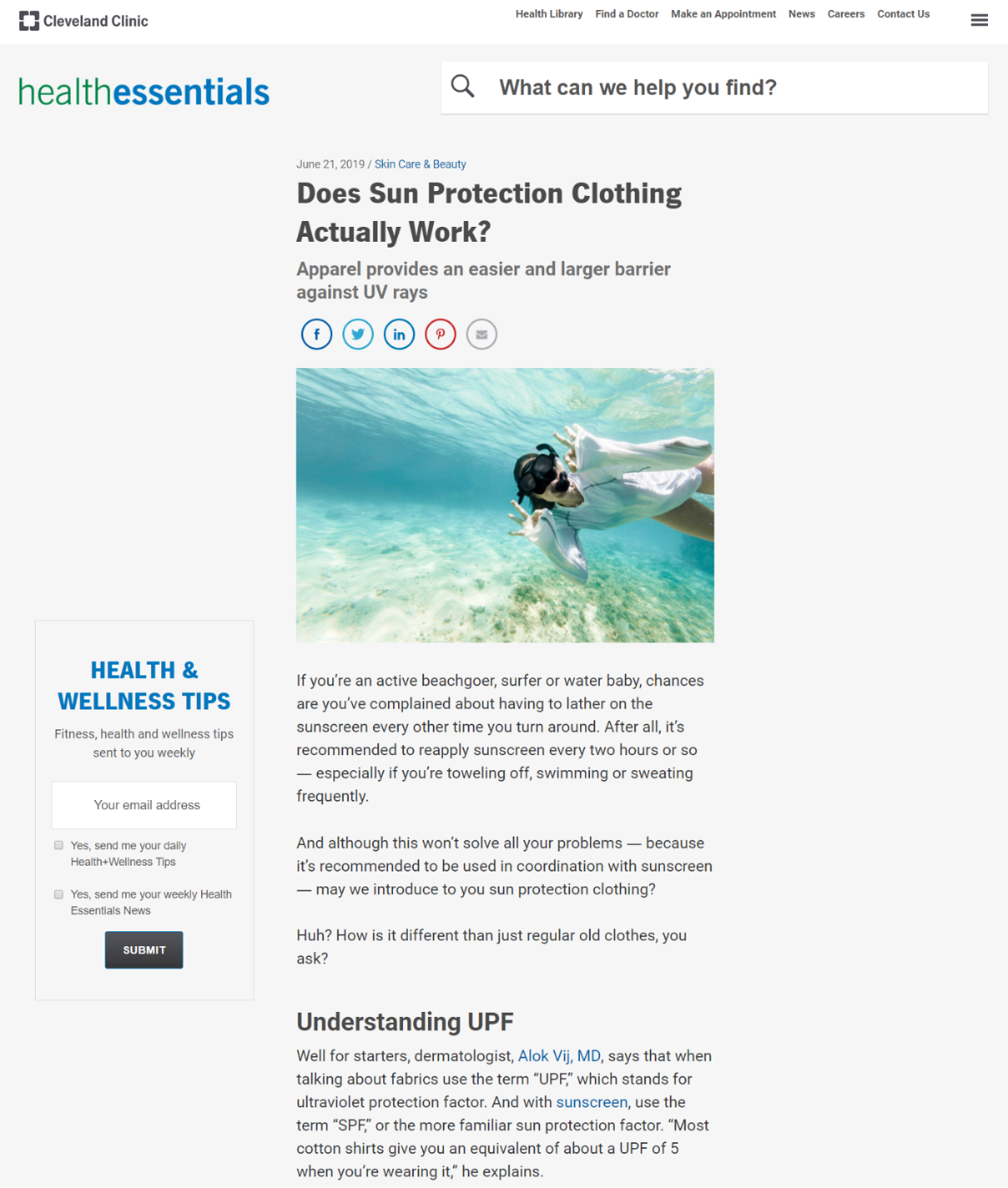 Cleveland Clinic Health Essential blog's article titled, "Does Sun Protection Clothing Actually Work?"