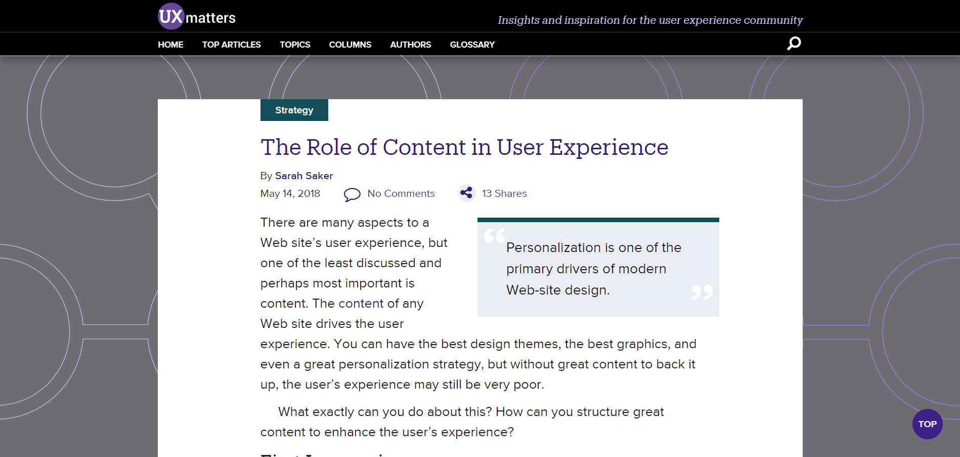 • The Role of Content in User Experience by Sarah Saker for Uxmatters