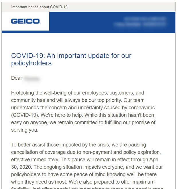 Geico email update about the pandemic