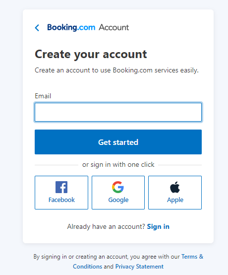 Booking.com create an account ux writing