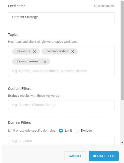 content strategy custom feed on BuzzSumo