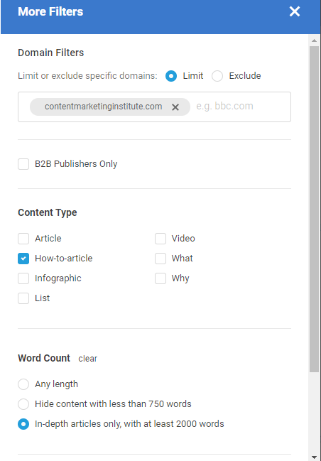 BuzzSumo web content analyzer more filters