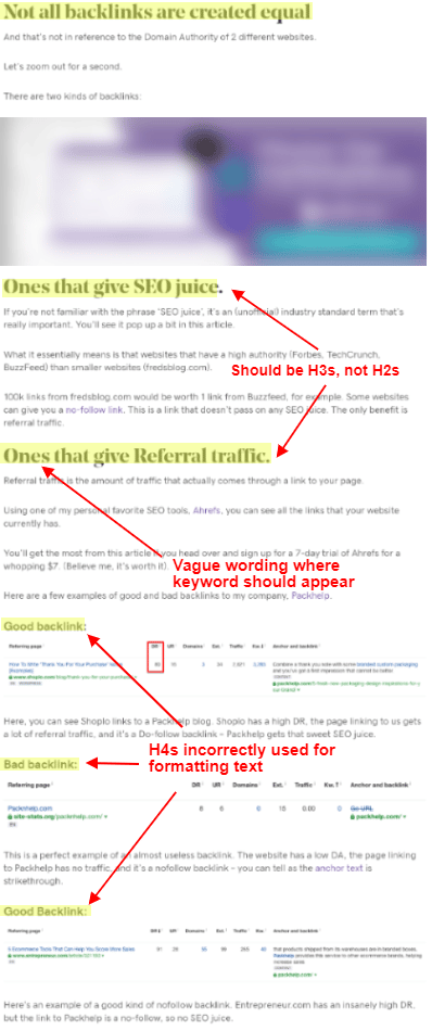 seo content mistake - poor use of headings