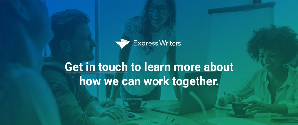 Team meeting around a computer. Text reads "Get in touch to learn more about how we can work together."