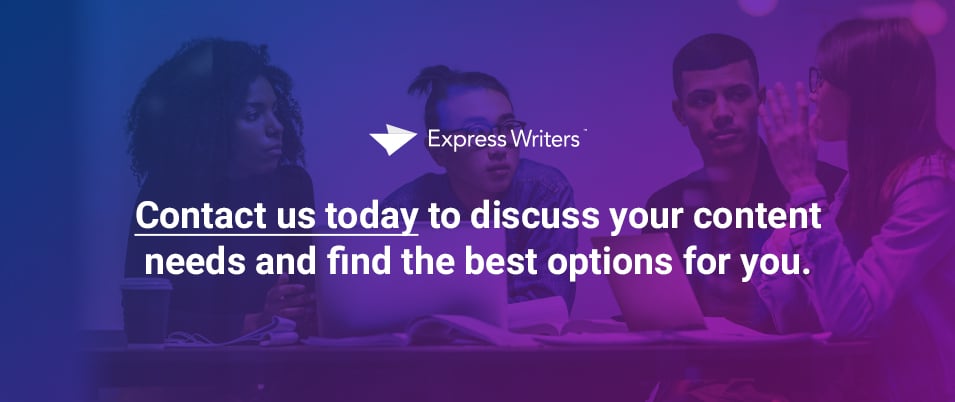 Image shows a team in a meeting. Text reads "Contact us today to discuss your content needs and find the best options for you."