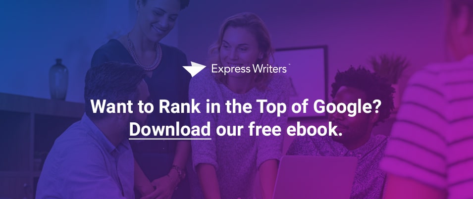 Image of a group meeting around a conference table with the text "Want to Rank in the Top of Google? Download our free ebook."