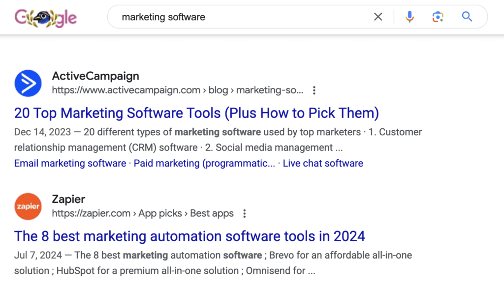 SERPs for marketing software with bold keyword placement phrases